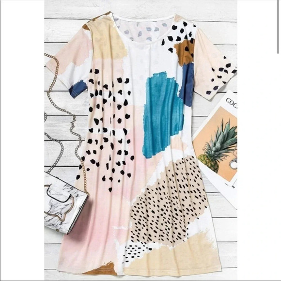 Leopard Colorblock Mini Dress | Abstract Print Summer Shift Dress - Picture 2 of 2